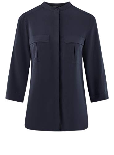 oodji Ultra Mujer Blusa de Viscosa con Bolsillos en el Pecho, Azul, ES 36 / XS