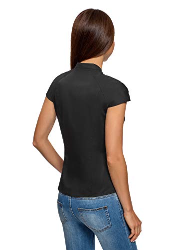 oodji Ultra Mujer Camisa con Cuello Mao de Manga Corta Raglán, Negro, ES 34 / XXS