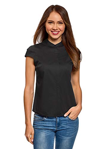 oodji Ultra Mujer Camisa con Cuello Mao de Manga Corta Raglán, Negro, ES 34 / XXS