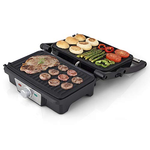 Orbegozo GR 3800 - Grill- parrilla eléctrica con placas abatibles 180°, superficie antiadherente, tapa basculante adaptable al grosor, 1500 W de potencia