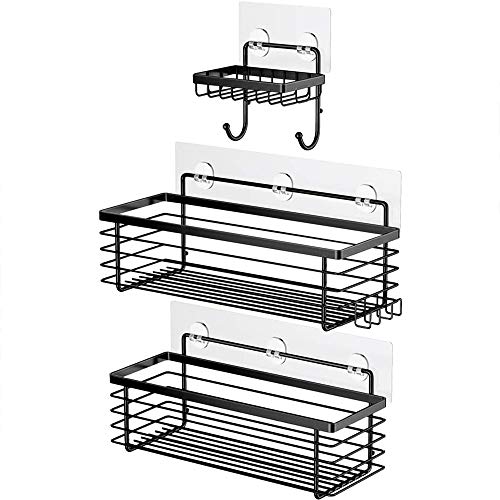 Oriware Adhesivo Negro Estantes Cesta para Ducha Estanteria Organizador Baño SUS304 Acero Inoxidable Sin Taladro - 3 Piezas