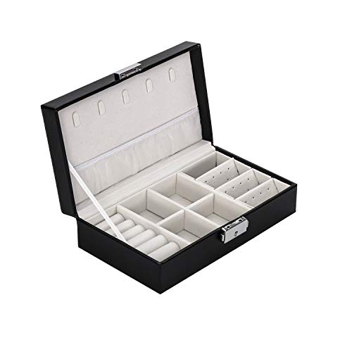 OUTON Joyero para Niñas Mujeres Mamás, Cuero PU Viaje Joyero con Cerradura de Cuero Sintético Organizador de Joyas para Anillos Pendientes Collares Pulseras Regalos de Cumpleaños Negro