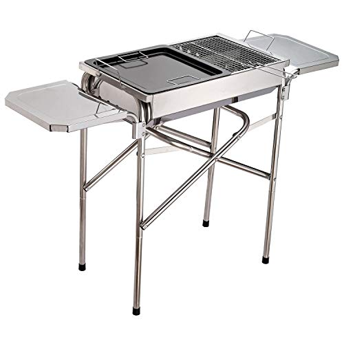 Outsunny Barbacoa de Carbón de Acero Inoxidable Parrillas Bandeja Sartén Plegable Camping Barbacoa de Carbón de Acero Inoxidable Parrillas Bandeja Sartén Plegable
