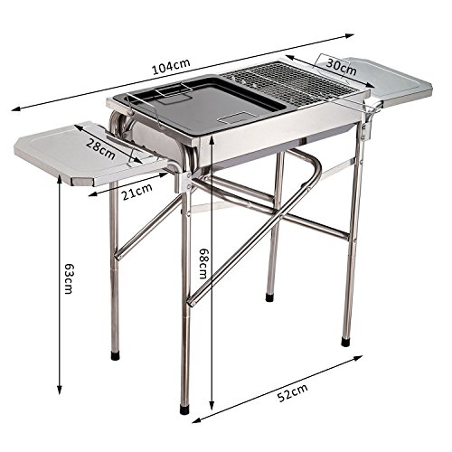 Outsunny Barbacoa de Carbón de Acero Inoxidable Parrillas Bandeja Sartén Plegable Camping Barbacoa de Carbón de Acero Inoxidable Parrillas Bandeja Sartén Plegable