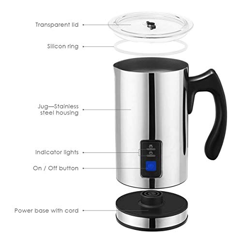 OZAVO Espumador de Leche Automático Batidor de leche Eléctrico 500W Vaporizador y Calentador Leche 150ML/240ML Hace Espuma en Caliente/Frío, Protección Contra-sobrecalentar- 304 Acero Inoxidable