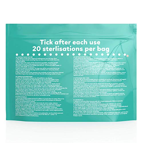 Pack ahorro de 12 bolsas esterilizadoras para microondas. Bolsas de esterilización al vapor grandes y duraderas para biberones, mordedores y tazas de entrenamiento. 20 usos por bolsa, sin químicos