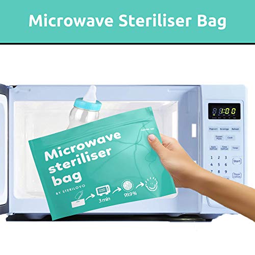 Pack ahorro de 12 bolsas esterilizadoras para microondas. Bolsas de esterilización al vapor grandes y duraderas para biberones, mordedores y tazas de entrenamiento. 20 usos por bolsa, sin químicos