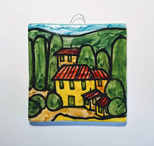 Paisaje toscano-baldosas de cerámica decorada de la mano con el tamaño cm10x10x0,8 cm. Made en Toscana Italia, Torre