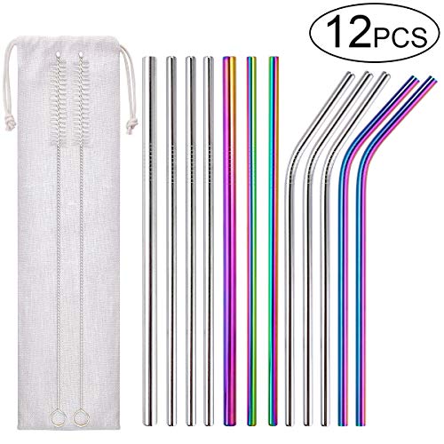 Pajita de Acero Inoxidable, 12 Piezas Pajitas de Reutilizables con 2 Cepillos de Limpieza Pajitas de Metal para Uso Doméstico, Cafetería, Bar, Restaurante (21.5cm)