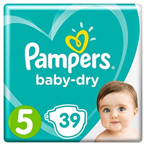 Pampers Baby-Dry tamaño 5, 39 pañales, 11 – 16 kg, paquete esencial, canales de aire para una sequedad transpirable durante la noche