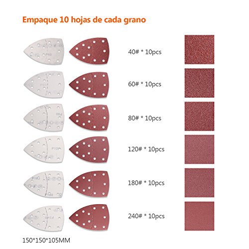 Papel de Lija de 60 Piezas 40, 60, 80, 120, 180, 240, 150mm Tacklife ASD02C Papel de Lija Pulido Metal con 11 Agujeros. Durable y No Dañará La Lijadora, Madera Pulida, Eliminación de Óxido, Larga Vida
