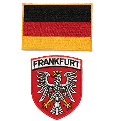 Paquete de 2 unidades de A-ONE - Alemania Frankfurt con parche de escudo de cigüeña blanco+parche de bandera rectangular de Alemania, parches de bandera de país bordado
