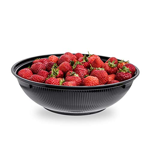 Paquete de 4 cuencos de plástico acanalados de 1360 ml | cuencos de ensalada de plástico ligero acanalado | Juego de cuencos de fiesta – 9 pulgadas (48 oz) – Duradero ~ negro