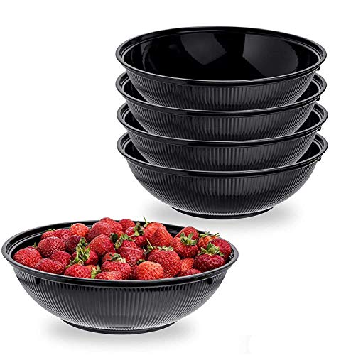 Paquete de 4 cuencos de plástico acanalados de 1360 ml | cuencos de ensalada de plástico ligero acanalado | Juego de cuencos de fiesta – 9 pulgadas (48 oz) – Duradero ~ negro