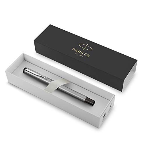 PARKER Vector rotulador roller, acero inoxidable con adorno cromado, punta mediana y tinta azul, en estuche de regalo