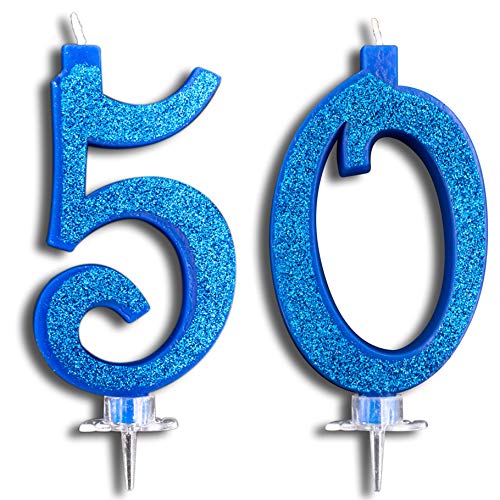 Party & Co. Velas para tarta de 50 años, para fiesta de cumpleaños o aniversario, ideal tanto para hombre como para mujer, 12 cm, color azul brillante