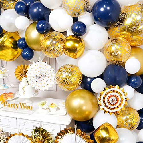 PartyWoo Kit de Guirnaldas de Globos Dorado y Azul, 114 Piezas de 8 Abanicos de Papel, Borla Dorada, Globos Confeti Jumbo, Globo Orbz Dorado, Globos Blancos Gigantes, Globos Azul Marino de Oro Blanco