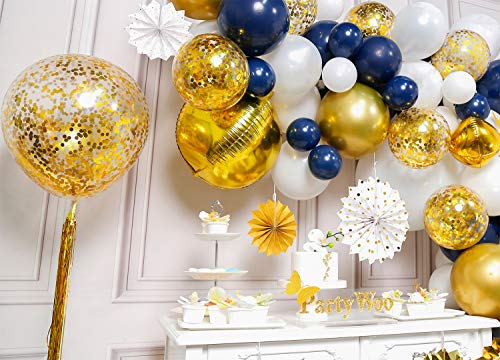 PartyWoo Kit de Guirnaldas de Globos Dorado y Azul, 114 Piezas de 8 Abanicos de Papel, Borla Dorada, Globos Confeti Jumbo, Globo Orbz Dorado, Globos Blancos Gigantes, Globos Azul Marino de Oro Blanco