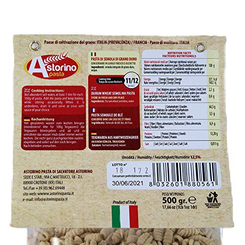 PASTA CASERA DE CALABRIA LOS CAVATELLI HECHO CON TRIGO DURO DE ASTORINO PASTA: 6 PAQUETES DE PASTA DE 500 GRAMOS PRODUCIDOS EN CALABRIA CON TRIGO ITALIANO