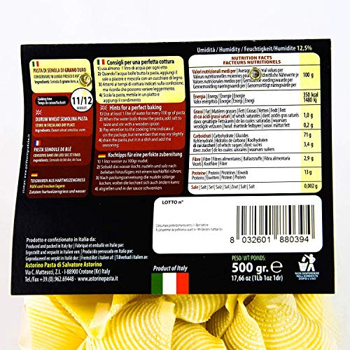 PASTA CASERA DE CALABRIA LOS CONCHIGLIONI HECHO CON TRIGO DURO DE ASTORINO PASTA: 6 PAQUETES DE PASTA DE 500 GRAMOS PRODUCIDOS EN CALABRIA CON TRIGO ITALIANO