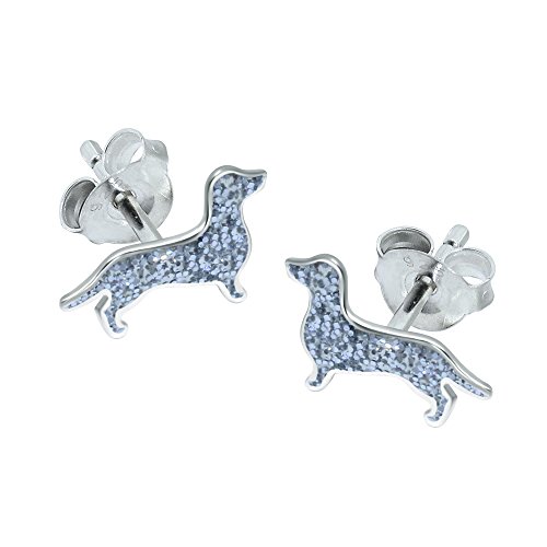 Pendientes de plata de ley con forma de perro salchicha con purpurina
