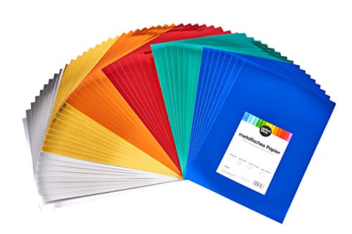 perfect ideaz 50 hojas cartulinas metalizadas de colores DIN A4, papel metalizado para manualidades, pliegos en 6 colores, 250 g/m², cartulina para hacer manualidades, set de hojas de colores