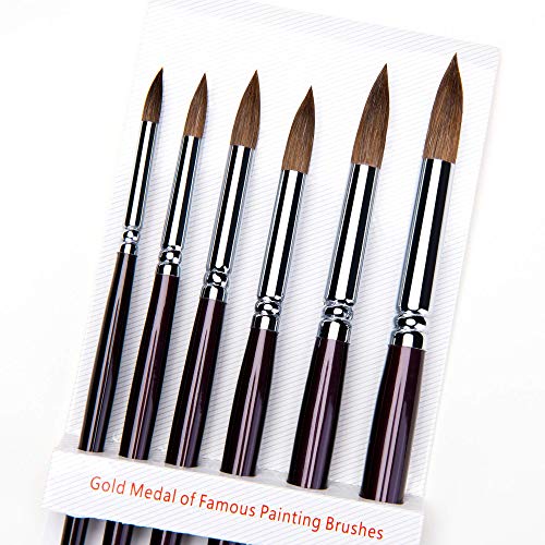 pinceles de acuarela de comadreja de sable rojo - 6 piezas punta redonda punta artista pincel profesional para pintura de acuarela largo brich mango de madera