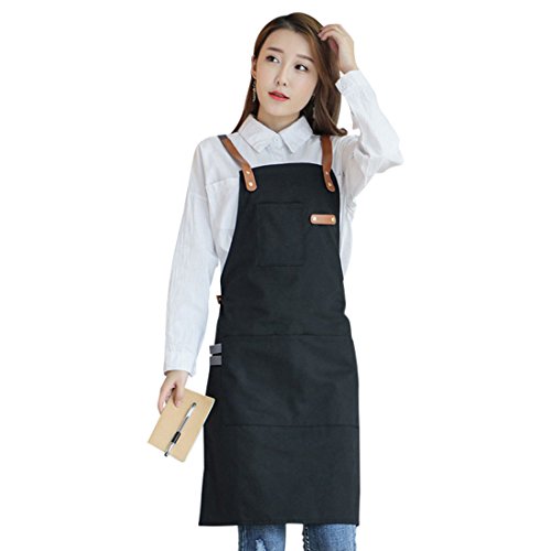 Pinji Delantal de Lona para Cocina, Delantal Ajustable con Bolsillos para Mujeres Hombres Diseño de la Cruz Trasera para Hornear, Restaurante, Jardinería, Barbacoa Negro