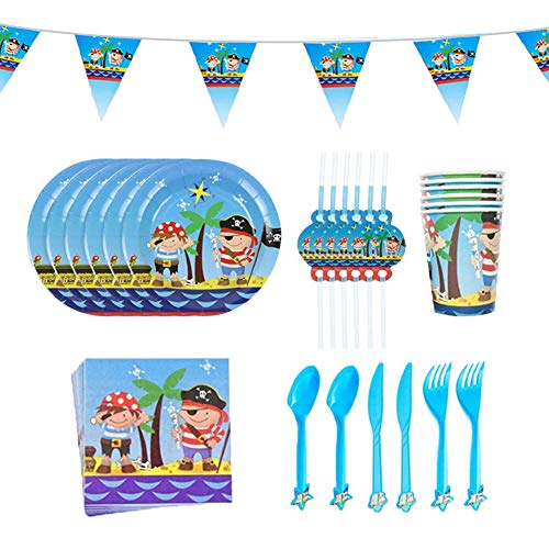 Pirata para Fiestas Set de Fiesta Kids Birthday Pirate Vajilla Desechable Pancarta, Platos, Servilletas, Cucharas, Tenedores y Cuchilos Capacidad para 6 Personas
