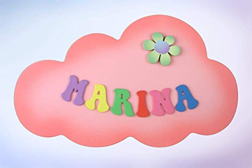 Placa Cartel decorativo infantil de madera forma de *nube* personalizada con el nombre letras de goma eva, regalo original decoración de pared o puerta en habitación.