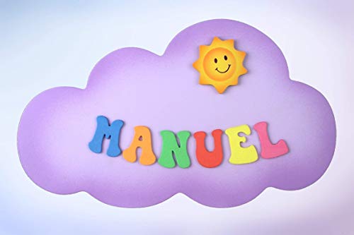 Placa Cartel decorativo infantil de madera forma de"nube" personalizada con el nombre letras de goma eva, regalo original decoración de pared o puerta.