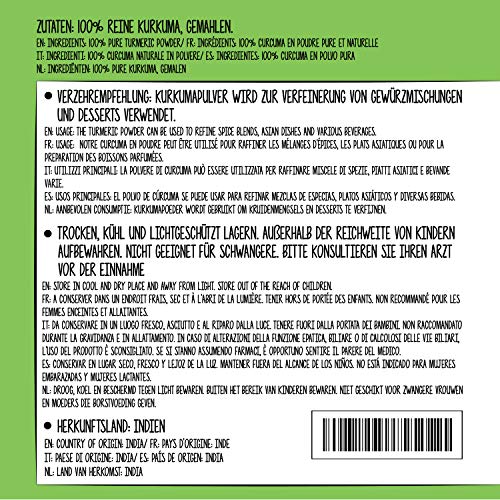 Polvo de cúrcuma (500g), cúrcuma 100% natural, raíz de cúrcuma suavemente secada y molida, por supuesto sin aditivos, vegana