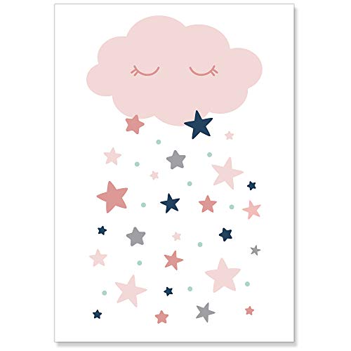PREMYO Cuadros Infantiles Habitación Niña - Láminas Decorativas para Enmarcar - 3 Póster Globo Aerostático Nube Rosa A4