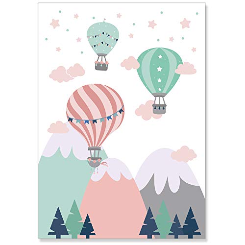 PREMYO Cuadros Infantiles Habitación Niña - Láminas Decorativas para Enmarcar - 3 Póster Globo Aerostático Nube Rosa A4