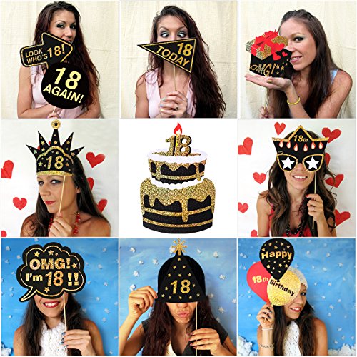 PRETYZOOM 18 Cumpleaños Foto Props Feliz Cumpleaños Accesorios Fiesta Suministros para Fiestas de Fotos Glitter Fiesta de Cumpleaños Decoración Favorece Suministros, 29 Unids