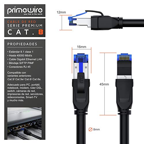 Primewire- 10m Cable de Red Cat.8 40 Gbits - S FTP PIMF - Switch Router Modem Access Point - Cable Ethernet LAN Fibra óptica