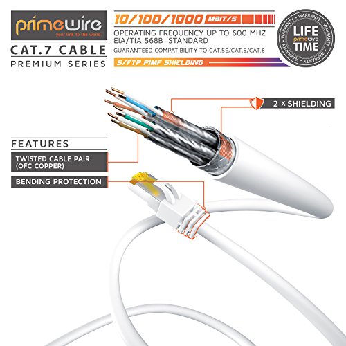 Primewire 1m Cable de Red Gigabit Ethernet Cat 7-10000 Mbit s - Cable de Conexión - Cable Cat.7 en Bruto con apantallamiento S FTP PIMF y Conector RJ45 - Punto de Acceso Switch Router Modem - Blanco