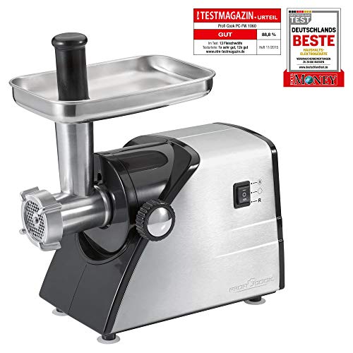 Proficook FW 1060 Picadora de Carne, Accesorios para Embutir Salchic, 1000 W, Acero Inoxidable, Negro/Plateado