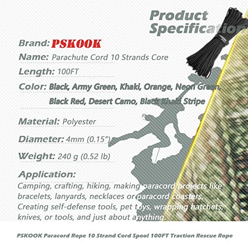 PSKOOK 550 Cordón para Paracaídas Lanyard de Paracord con Cordón de Yesca Lino Línea de Pesca de PE Hilo de Algodón - Especificación Tipo III Paracord 100FT (Naranja)