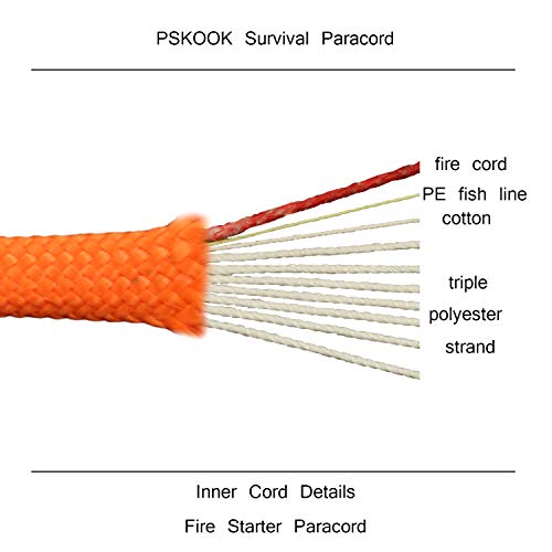 PSKOOK 550 Cordón para Paracaídas Lanyard de Paracord con Cordón de Yesca Lino Línea de Pesca de PE Hilo de Algodón - Especificación Tipo III Paracord 100FT (Naranja)