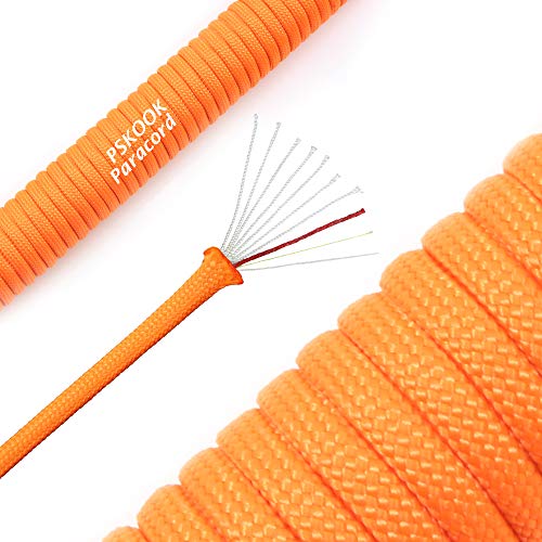 PSKOOK 550 Cordón para Paracaídas Lanyard de Paracord con Cordón de Yesca Lino Línea de Pesca de PE Hilo de Algodón - Especificación Tipo III Paracord 100FT (Naranja)