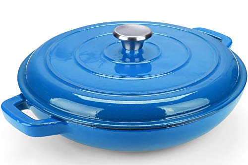 Puricon Cacerola Baja Hierro Fundido Esmaltado 3,6 Litro, Olla Baja de Esmalto para Inducción/Vitrocerámica, Cazuela Baja Redonda con Tapa para Todas las Superficies de Cocción -Azul Mediterraneo
