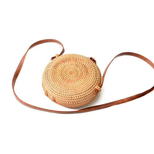 Qianshaung Bolso de ratán redondo tejido a mano Bolso de ratán de hombro de playa tropical con correa de cuero