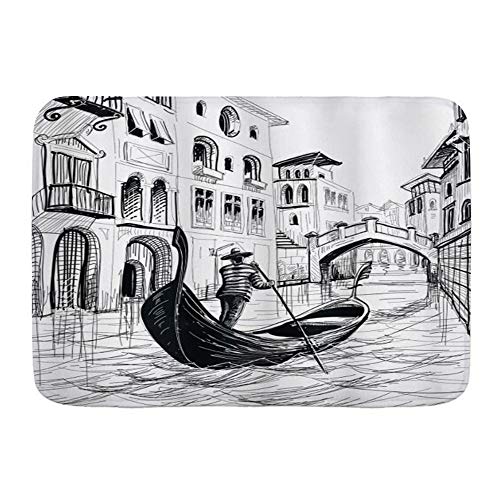 QIUTIANXIU Alfombra De Baño Cocina Mascota Alfombrilla,Sketchy Gondola en Venecia Famoso Canal Europeo Historia Mediterráneo Vacaciones,De Baño Antideslizante,Microfibra Suave Cómoda Y Absorbente