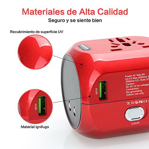 [Quick Charge 3.0] Adaptador Enchufe，Adaptador de Viaje Enchufe Universal Carga rápida 3.0 Puerta Seguridad de Doble fusibles para Navidad EEUU, AU, Asia, US,UK Acerca de 150 Países - Uppel (Carmesí)