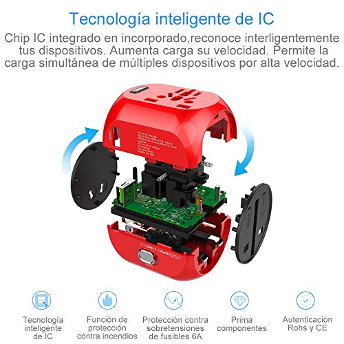 [Quick Charge 3.0] Adaptador Enchufe，Adaptador de Viaje Enchufe Universal Carga rápida 3.0 Puerta Seguridad de Doble fusibles para Navidad EEUU, AU, Asia, US,UK Acerca de 150 Países - Uppel (Carmesí)