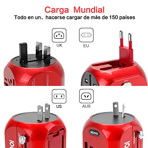 [Quick Charge 3.0] Adaptador Enchufe，Adaptador de Viaje Enchufe Universal Carga rápida 3.0 Puerta Seguridad de Doble fusibles para Navidad EEUU, AU, Asia, US,UK Acerca de 150 Países - Uppel (Carmesí)
