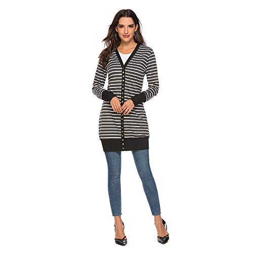 qulvyushangmaobu Mujer Otoño Invierno Rayas Cárdigan Suéter Moda Suelto Manga Larga Chaqueta Mujeres Cárdigan Manga Larga Chaqueta de Punto Jersey de Suelta Punto con Frente Abierto Rebecas Abrigo