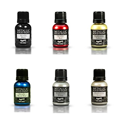 RAINBOW DUST - 6 X pinturas comestibles metálicas, Negro, rojo, amarillo, azul (royal blue), blanco perla y marfil perla
