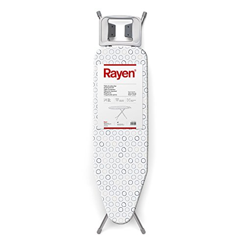 Rayen 6133.01 - Mesa de Planchar, Tablero de Metal Expandido, Funda Algodón y Poliéster, Tacos Patas de Caucho Antideslizante, Estructura Gris Blanca-Círculos, 113 x 34 x 5.5 cm